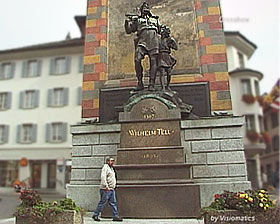 Bruno Winzeler, match crossbow producer, in front of William Tell monument