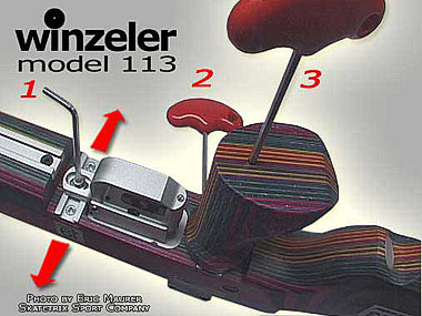WINZELER MATCH CROSSBOWS | Position of electronic trigger unit can be adapted triply: Can be shifted axially (for- and backward) to stock axis (1). Can be shifted laterally (left or right) to the stock axis (1). Can be twisted around its pivot (detail view) | Position of handgrip can be adapted doubly: Can be shifted laterally (left or right) to the stock axis (2). Can be twisted around its vertical axis (3). Stock cheek piece can be adjusted laterally as well as vertically!  | ©Photo by ERIC MAURER of Skatetrix Sport Company